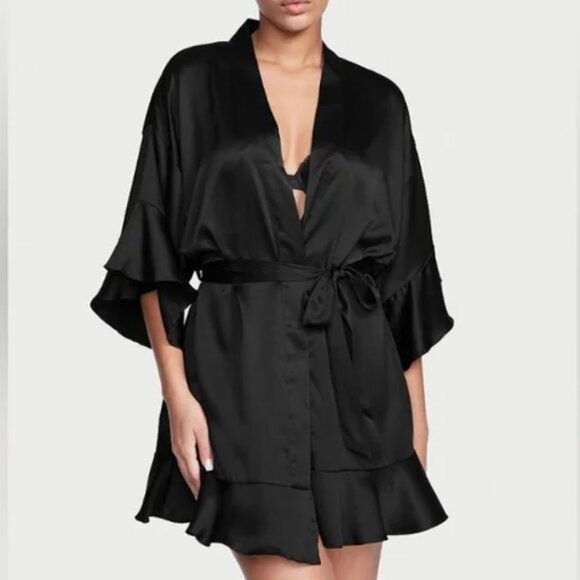 Victoria's Secret Other - Victoria's Secret Black Satin Silky Knee Length Lingerie Robe Size Medium/Large